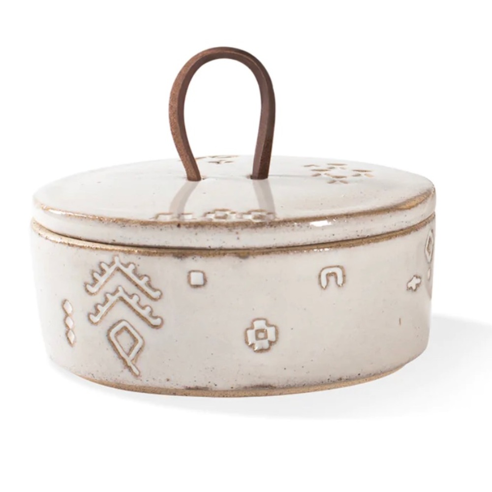 Marks White artisan oval stoneware decorative trinket box w/lid-NWOT